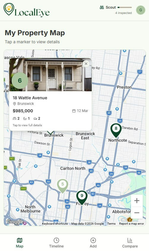 Mobile app preview of the LocalEye map view